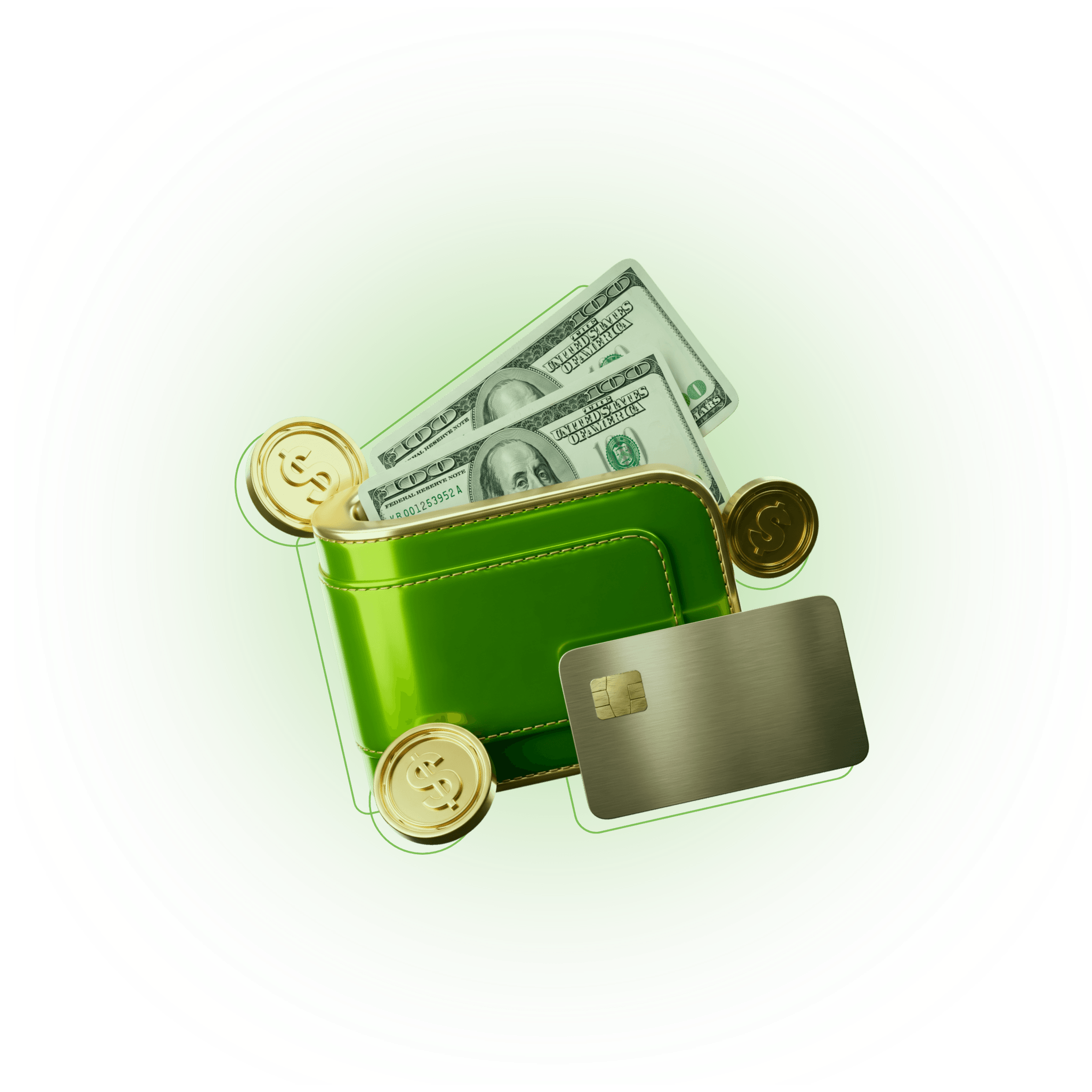 装有现金、硬币和银行卡的钱包，代表CXM Earn奖励