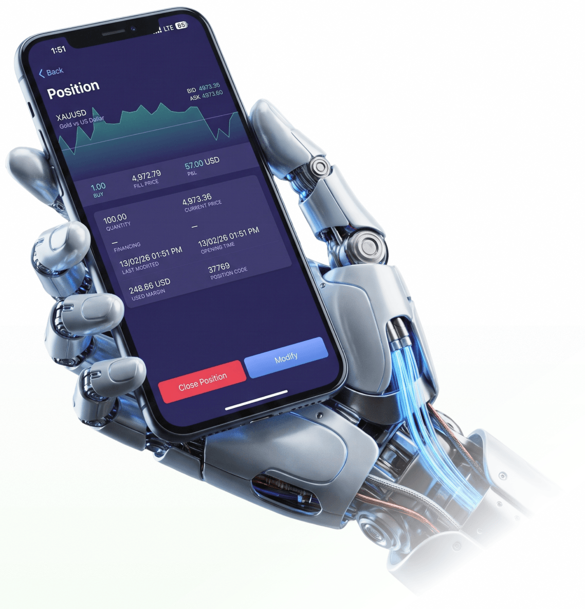 Robotic hand holding a smartphone showing an open XAUUSD position in a trading app